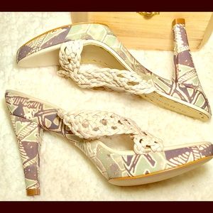 BCBGirls Cream and Brown Heels with Chunky Heel and Ankle Strap